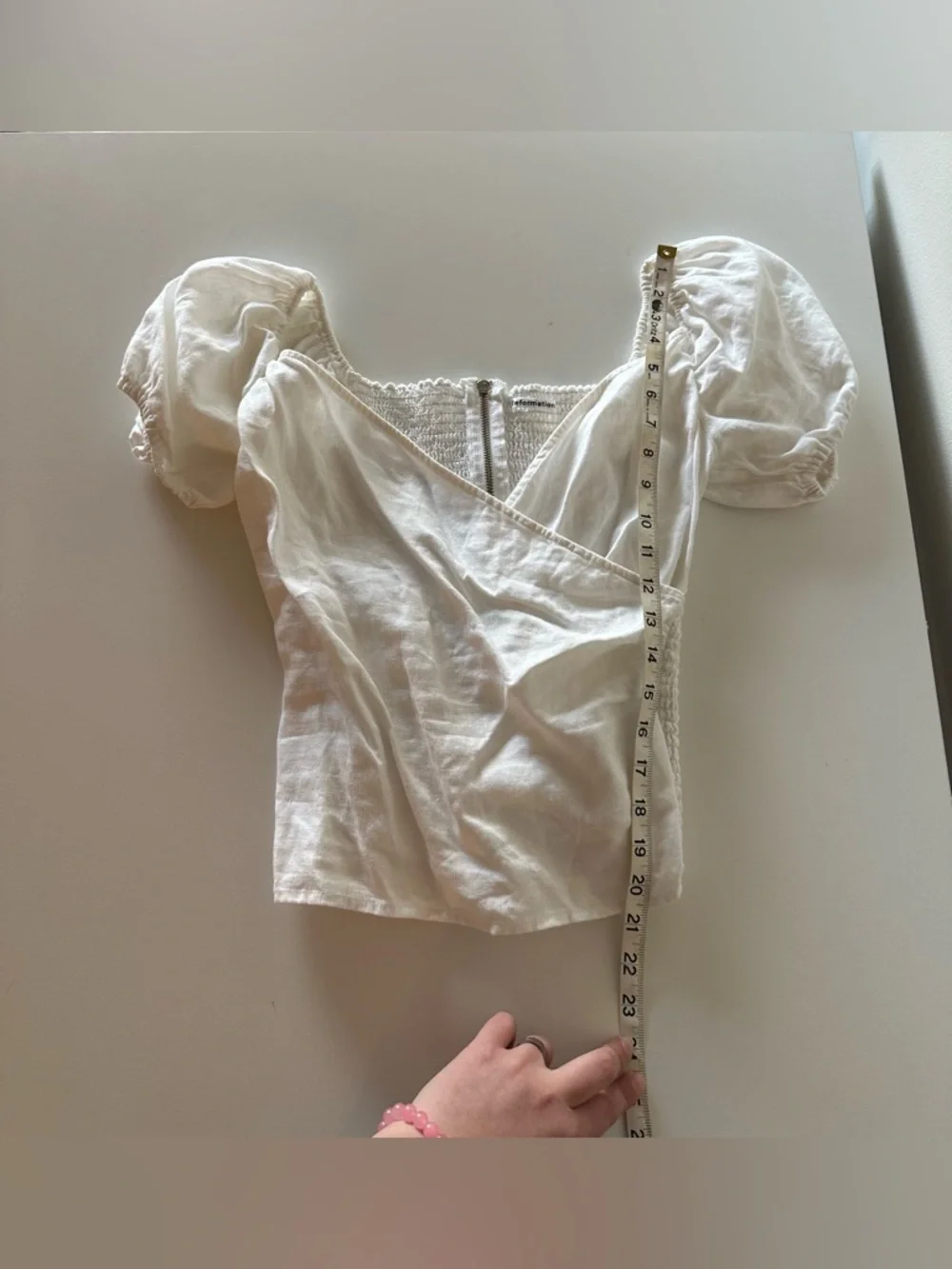 Reformation Framboise White Linen Wrap Top Coquette Puff Sleeve 10